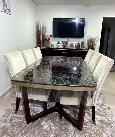 Dining table set with 8 upholstered and Storage Cabinet chairs dark wood, beige seats like brand new