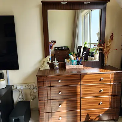 Wooden Dresser with Large Mirror - 6 Drawers, Good Condition