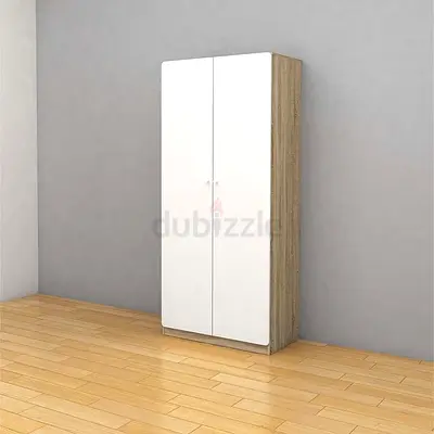 Two-door freestanding wardrobe in wood finish with white doors
