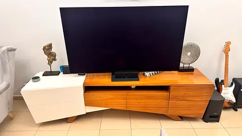 Stylish Wooden TV Entertainment Unit with White Drawer - Good Condition