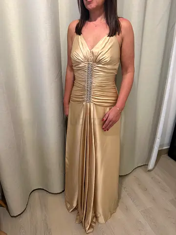 Gold satin evening/party dress with embellished waist, size approx M