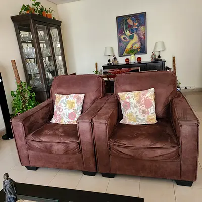 Pair of Brown Suede Armchairs — Comfortable 2 Single Seats
