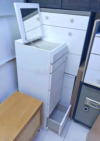 Slim white bedside chest with hidden mirror — good condition