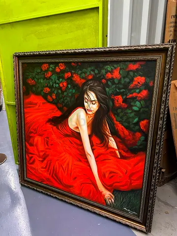 Framed Oil Painting of Woman in Red Dress with Rose Garden