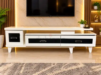 White and Black Modern TV Stand / Entertainment Unit - Good Condition