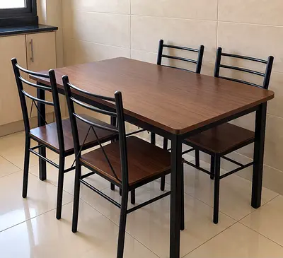 Wooden Top Dining Table with 4 Metal Frame Chairs - Good Condition