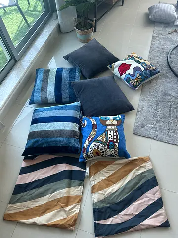 Set of 8 decorative cushions and covers — mix of velvet striped and patterned pillows