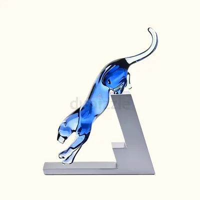 Blue Glass Panther Sculpture — Modern Decorative Collectible