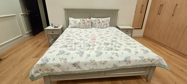 King size wooden bed frame with bedside tables - light grey