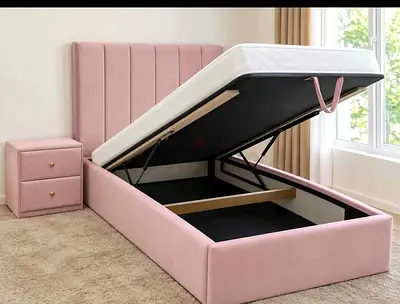 Single Pink Ottoman Storage Bed with Headboard and Nightstand