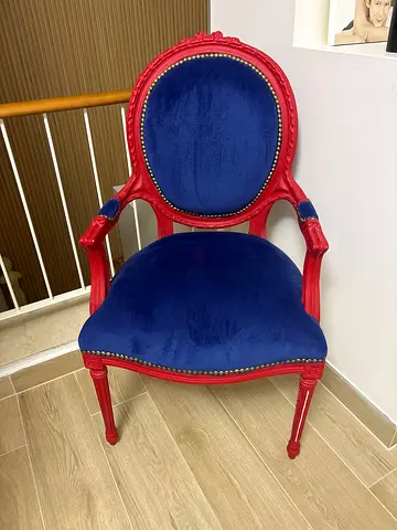 Red Wooden Armchair with Blue Velvet Upholstery - Classic Style