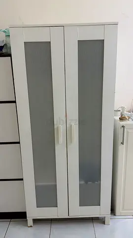 White 2-Door Narrow Cabinet with Frosted Glass Panels