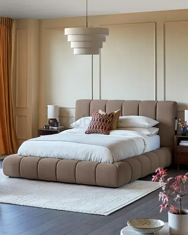 Comfortable modern upholstered double bed with padded headboard - good condition