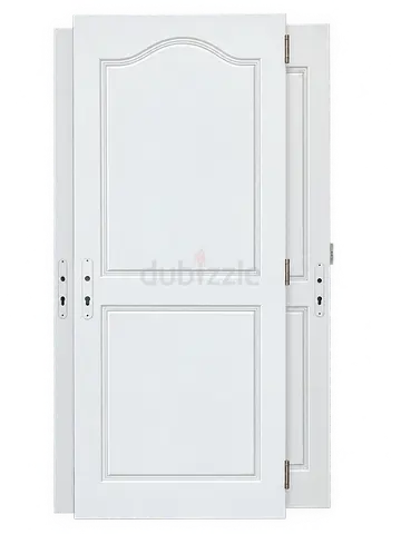 Pair of white paneled interior doors with frames and hinges
