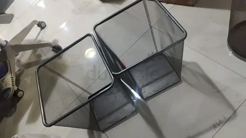 Set of 2 metal mesh office waste bins - black, used