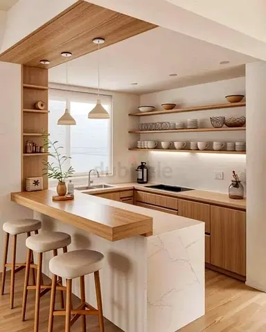 Compact modern wooden kitchen with breakfast bar and open shelving