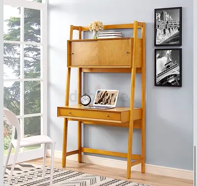 Wooden ladder-style wall desk with storage cabinet and drawer