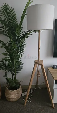 Wooden Tripod Floor Lamp with White Shade 2qty