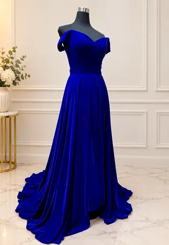Royal Blue Velvet Off-Shoulder Evening Gown, Size (S-M)