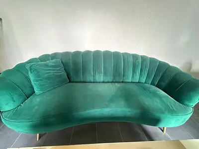 Green Velvet Curved Sofa — Good Condition, Modern Design