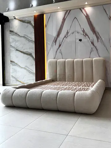 Beige Upholstered Modern Queen Size Bed with Padded Headboard
