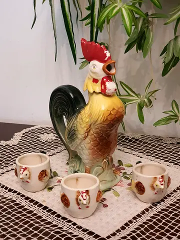 Vintage Ceramic Rooster Decanter with 3 Shot Cups Rustic Bar Display Set