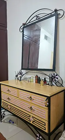 Wooden Dresser with Ornate Metal Frame Mirror - Good Condition