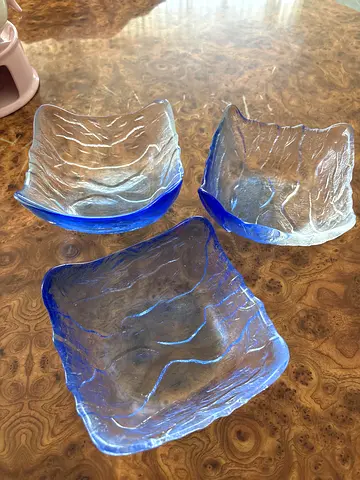 Set of 3 Blue Rim Glass Serving Bowls - Small Decorative Dishes