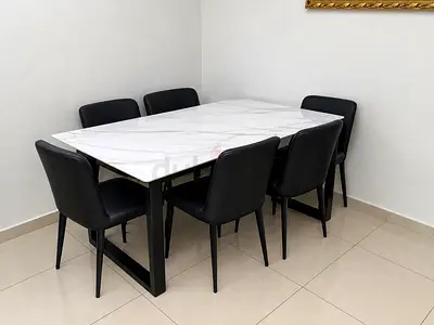 Marble-top Dining Table with 6 Black Leather Chairs