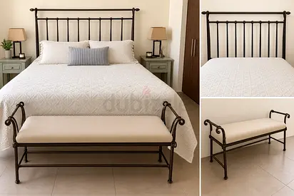 Double bed, frame and bench