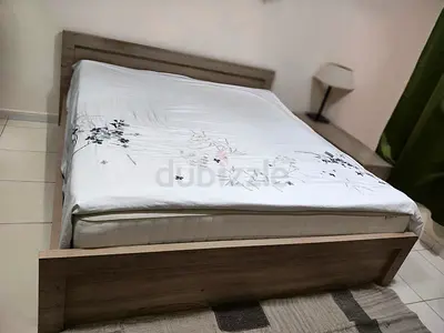 King size wooden bed frame with IKEA mattress - clean, sturdy + matching side table