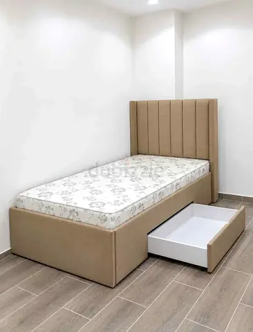 Single Bed with Storage Drawer and Padded Headboard - Beige