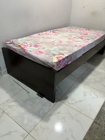 Single wooden bed frame with mattress - dark brown