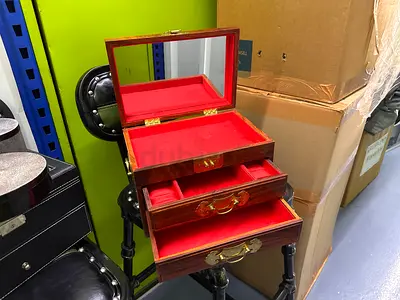 Wooden Jewelry Box with Mirror and Red Lined Drawers