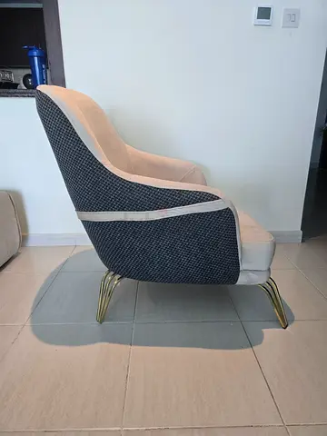 Modern upholstered accent chair with gold legs - light beige/charcoal