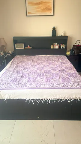 Queen bed frame with headboard and storage drawers - dark wood