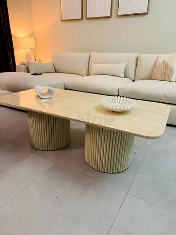 Modern Marble-Top Coffee Table with Round Fluted Bases - Light Beige
