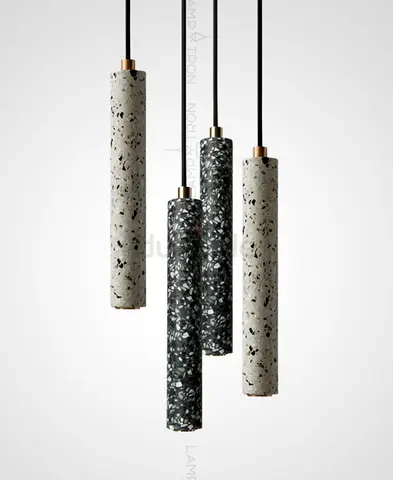 A series of suspended lamps with cylindrical ceiling marble