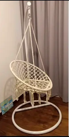 White Hanging Macrame Rope Chair with Stand — Good Condition
