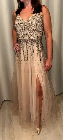 PROM/ wedding guest Beaded Nude Tulle Evening Gown with Side Slit and corset back- Size Approx S/M