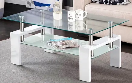 Glass Top Coffee Table with White Legs and Lower Shelf