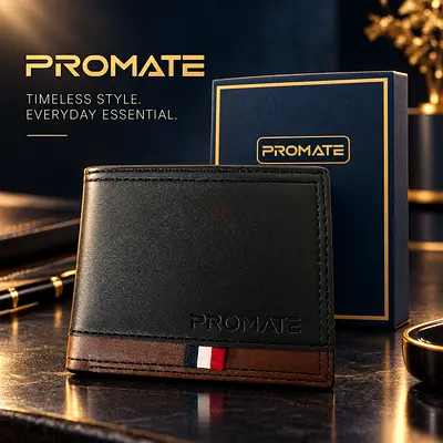 Promate Leather Bi-Fold Wallet - Black with Brown Trim