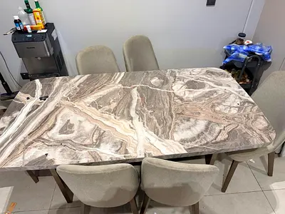 Marble-effect dining table with 6 upholstered chairs - light beige