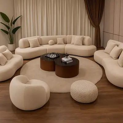 Curved Modular Beige Sofa Set with Round Coffee Tables