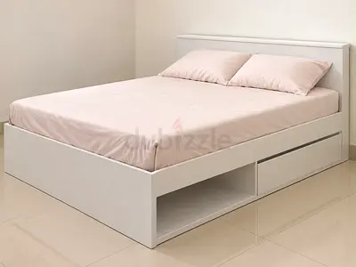White storage platform bed with drawers and open shelf — double/queen