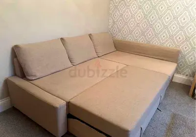 Beige L-shaped Sofa Bed  Converts to Double Bed, Good Condition