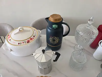 Elegant Kitchen & Dining Set – Floral Tureen, Thermal Flask, Stovetop Espresso Maker & More