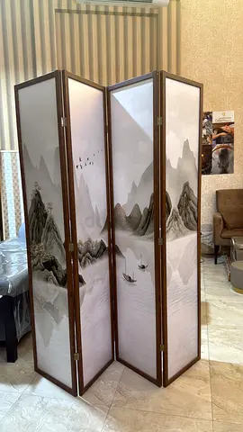 Wooden 4-Panel Folding Room Divider with Mountain Print