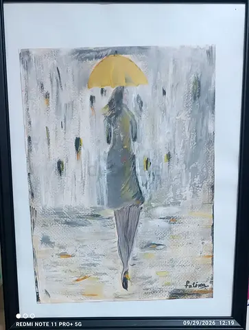 Framed Impressionist Painting of Woman with Yellow Umbrella