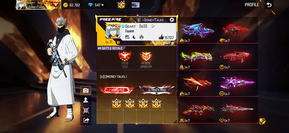 Free Fire account with multiple level 7 weapon skins and high-level profile